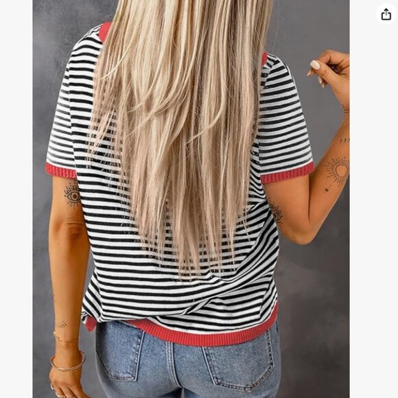 Short sleeve Black/White Striped Top with Red - Picture 8 of 8